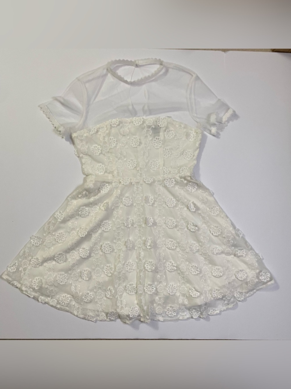 Forever 21 White Floral Mini Bachelorette Dress with Sheer Neckline size M
